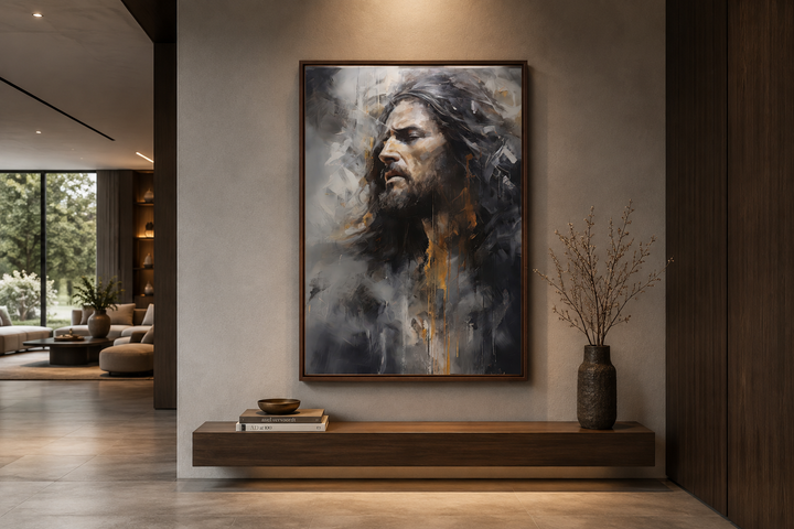 Jesus Christ abstract modern Christian framed canvas wall art in a contemporary living room.