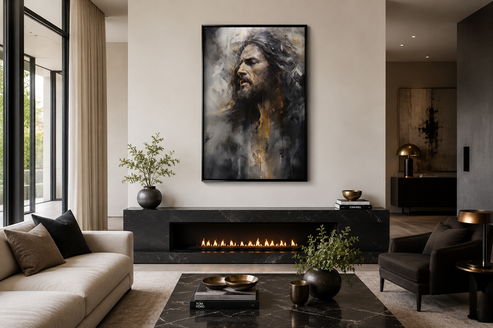 Jesus Christ abstract modern framed canvas wall art hanging above a fireplace in a living room.