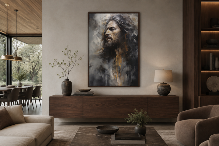Jesus Christ abstract modern Christian framed canvas wall art in a contemporary living room.