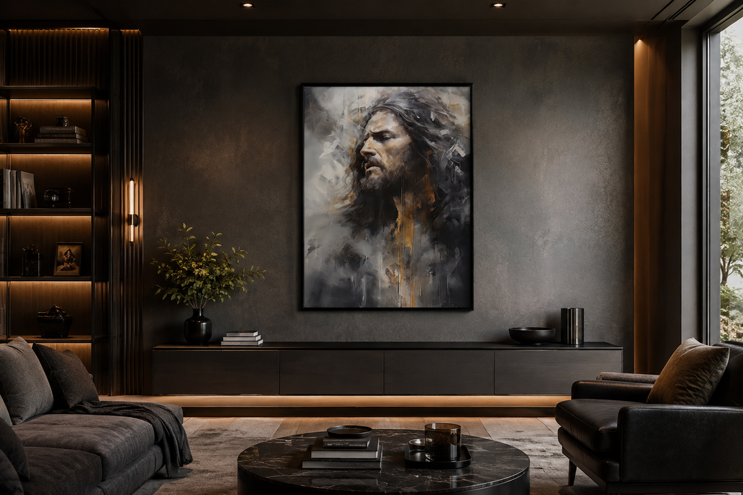 Jesus Christ abstract modern Christian framed canvas wall art in a dark, contemporary living room.