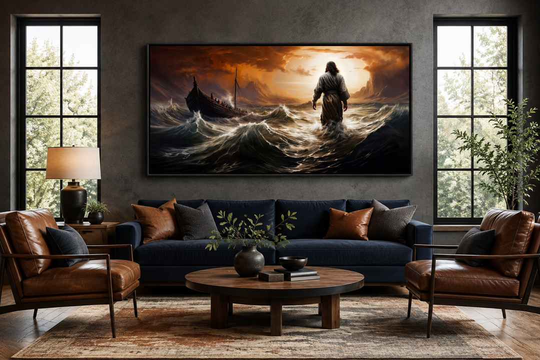 Jesus Walking On Water In Storm framed canvas wall art above a blue sofa in a modern living room.