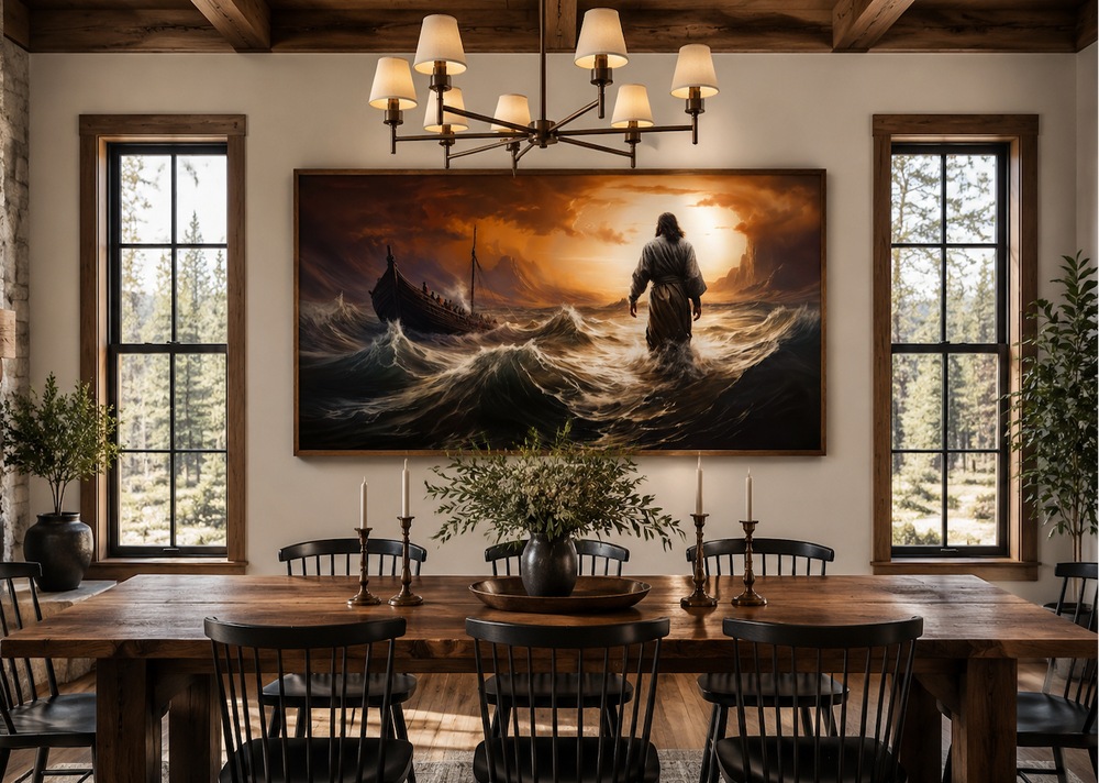 Jesus walking on water in a storm framed canvas wall art above a wooden dining table.