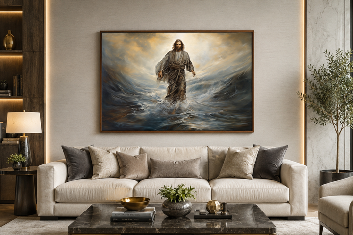 Jesus Walking On Water modern Christian framed canvas wall art displayed above a cream sofa.