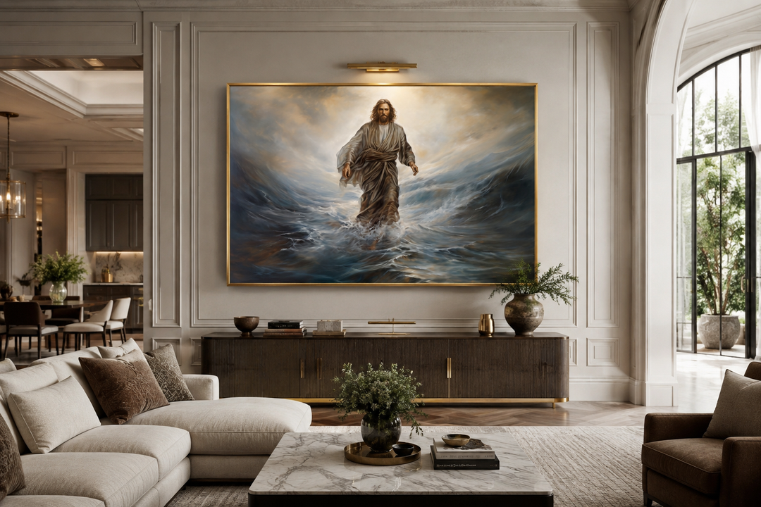 Framed canvas wall art of Jesus walking on water in a modern living room setting.