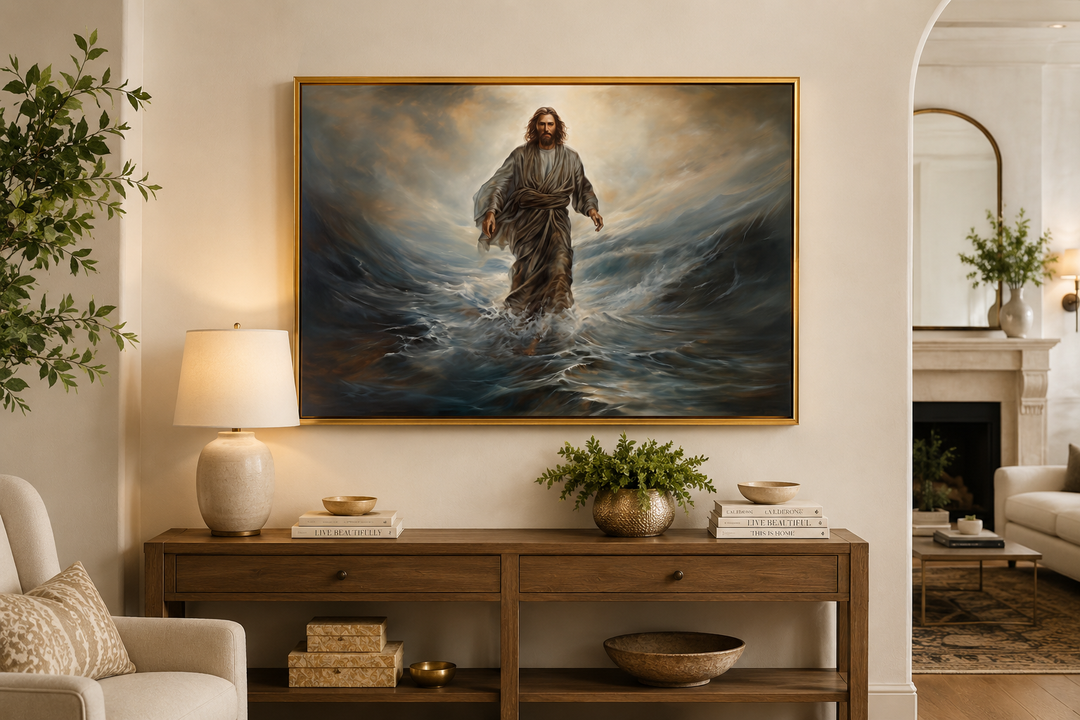 Jesus Walking On Water framed canvas wall art in a gold frame above a wooden console table.