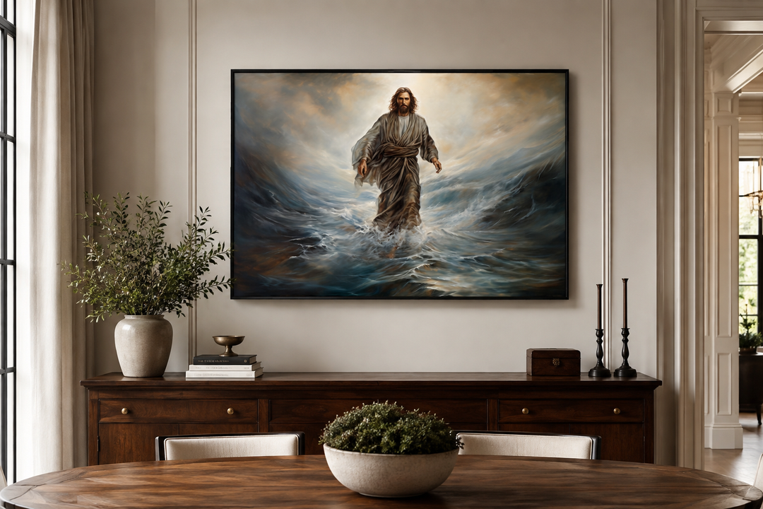 Jesus Walking On Water framed canvas wall art in a modern living room setting.