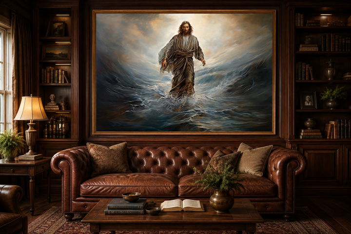 Framed canvas wall art of Jesus walking on water displayed above a leather sofa in a home library.