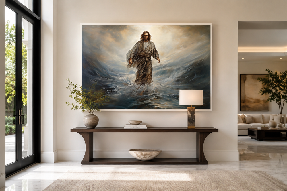 Jesus Walking On Water Modern Christian Framed Canvas Wall Art above a dark wood console table.
