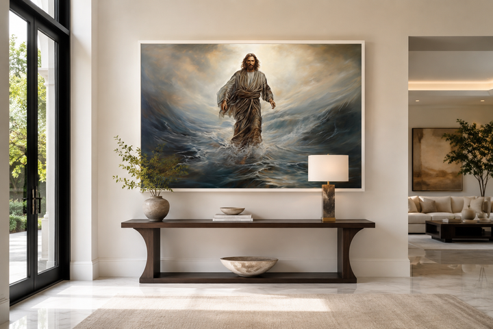 Jesus Walking On Water Modern Christian Framed Canvas Wall Art above a dark wood console table.