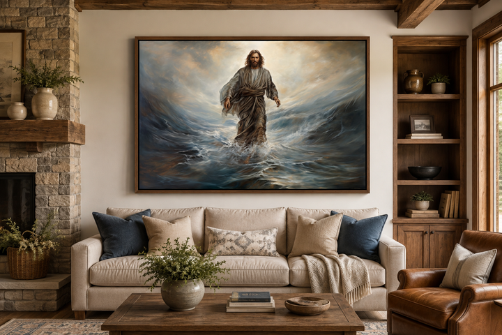 Jesus Walking On Water modern framed canvas wall art displayed above a sofa in a living room.
