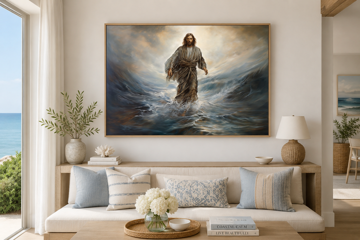 Framed canvas wall art of Jesus walking on water in a modern living room setting.