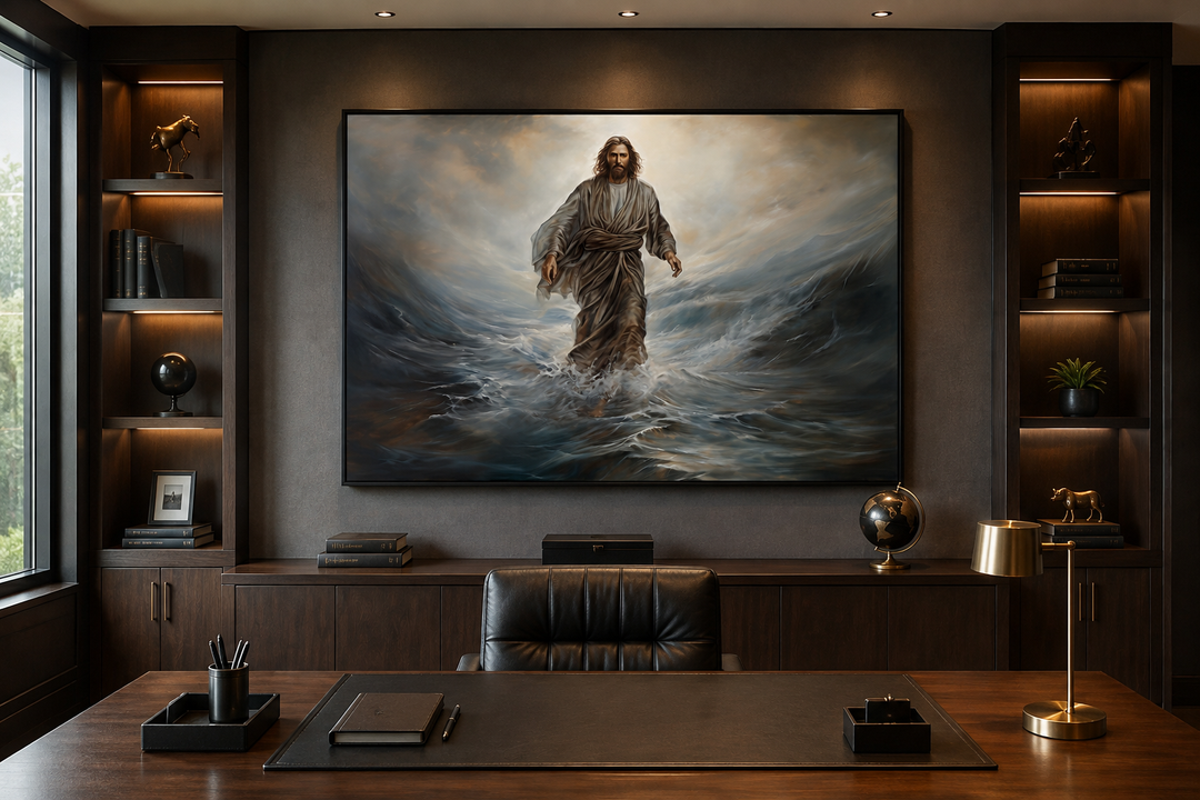 Jesus Walking On Water modern framed canvas wall art displayed in a dark wood office setting.