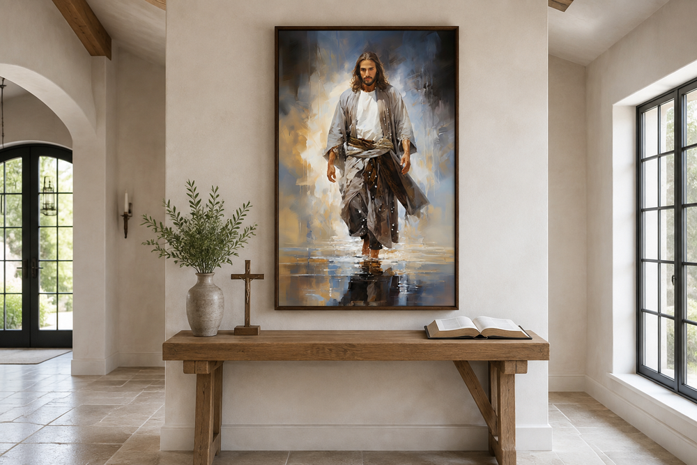 Jesus Walking on Water Modern Abstract Framed Canvas Wall Art in a minimalist room setting.