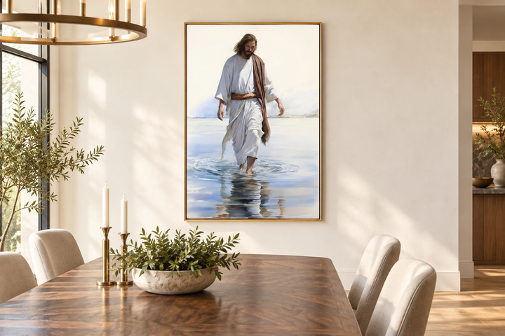Framed watercolor painting of Jesus walking on water above a dining table in a modern room.