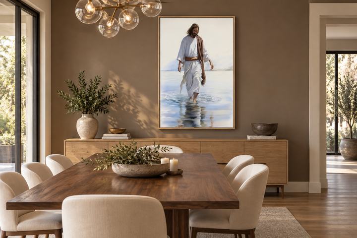 Framed watercolor painting of Jesus walking on water displayed in a modern dining room.