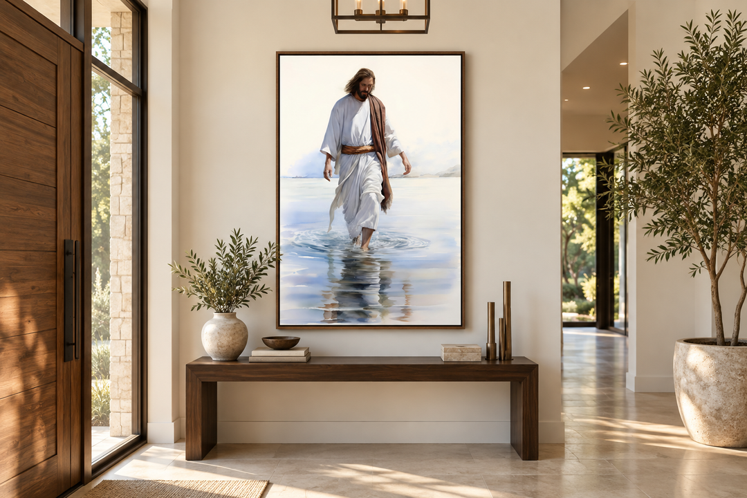 Framed watercolor painting of Jesus walking on water displayed above a wooden console table.