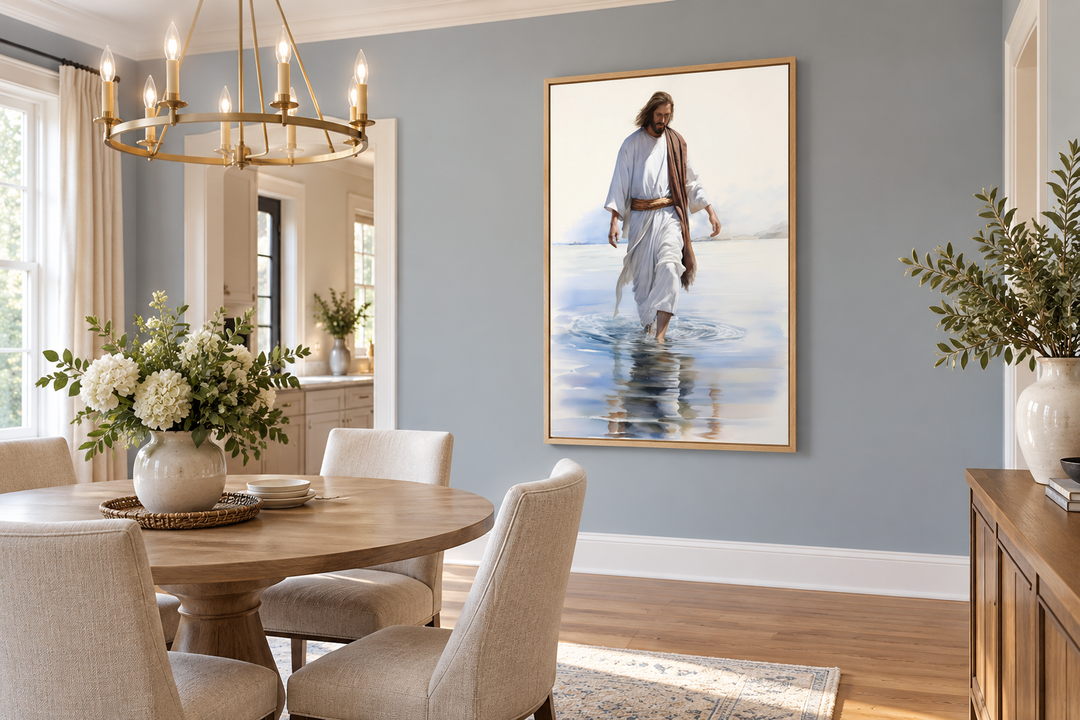 Jesus Walking on Water watercolor painting in a wood frame on a blue dining room wall.