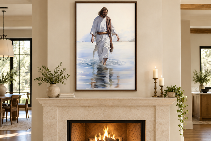 Framed watercolor painting of Jesus walking on water displayed above a lit fireplace in a home.