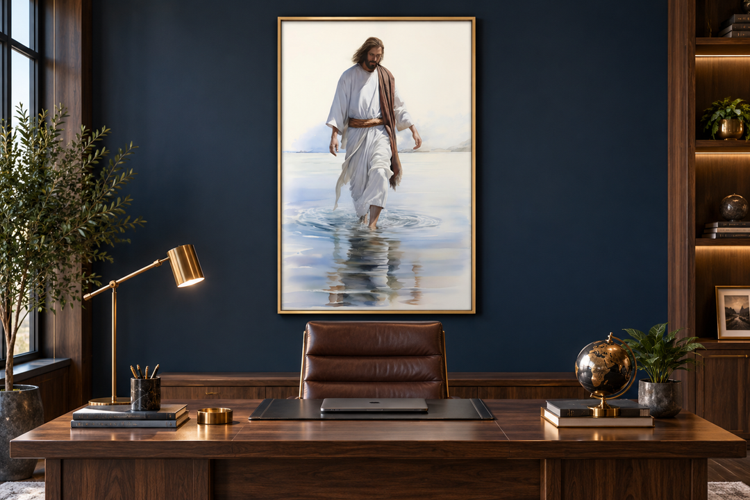 Framed watercolor painting of Jesus walking on water hanging above a modern wooden office desk.