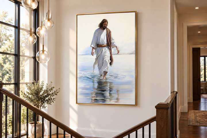 Framed watercolor painting of Jesus walking on water displayed on a wall in a modern home interior.