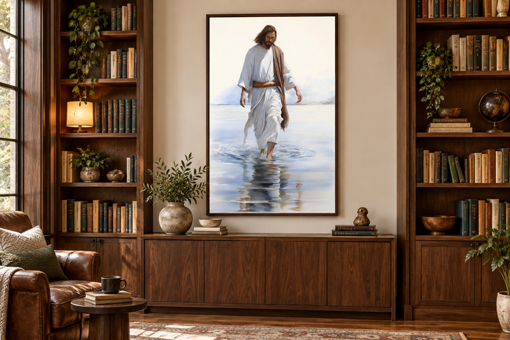 Jesus Walking on Water watercolor painting in a dark wood frame above a wooden sideboard.