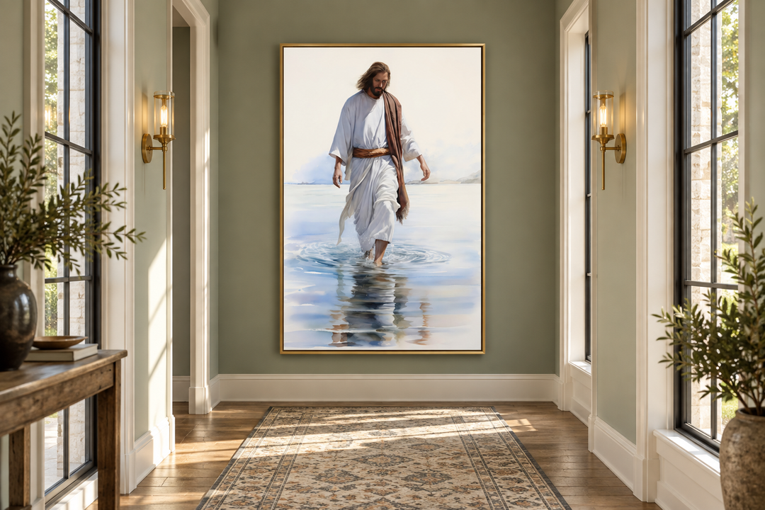 Framed watercolor painting of Jesus walking on water displayed in a sunlit hallway.