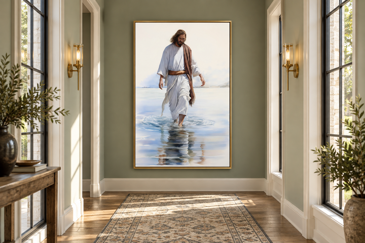 Framed watercolor painting of Jesus walking on water displayed in a sunlit hallway.