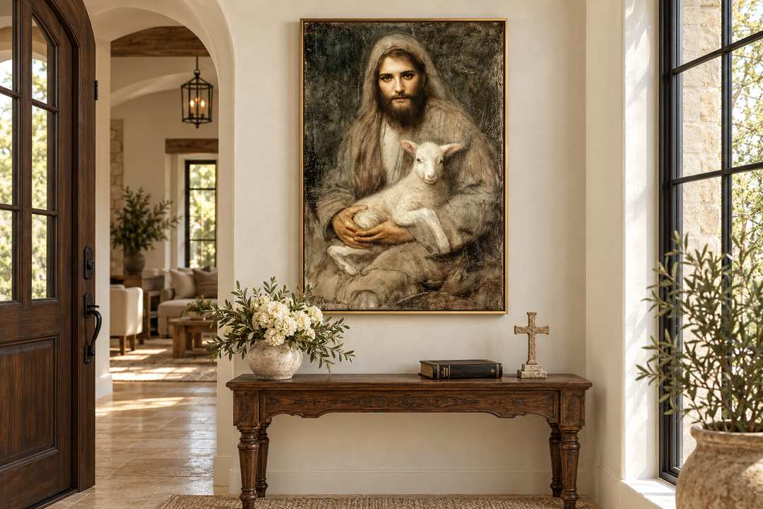 Framed Jesus and Lamb wall art canvas in a warm, traditional entryway above a wooden console table.