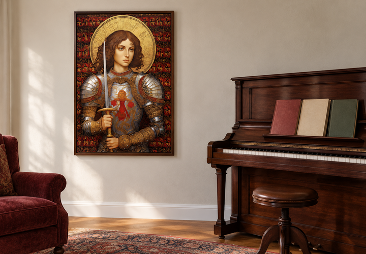 St. Joan of Arc framed canvas wall art in a classical style, hanging in a room with a piano.