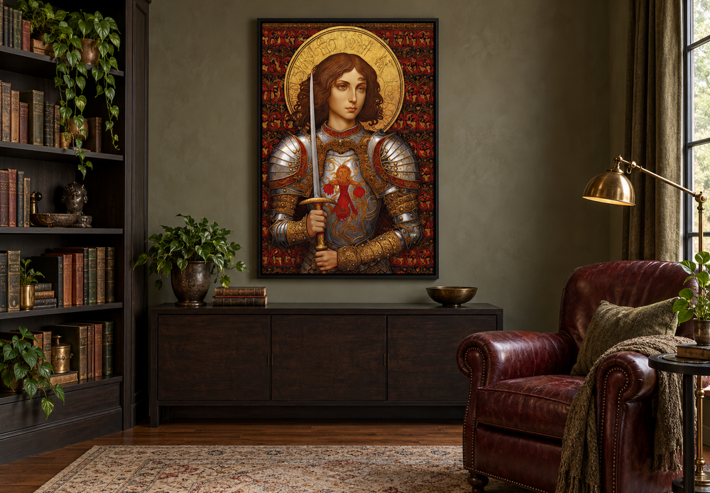 St. Joan of Arc framed canvas wall art in a classical style, hanging in a dark wood reading room.
