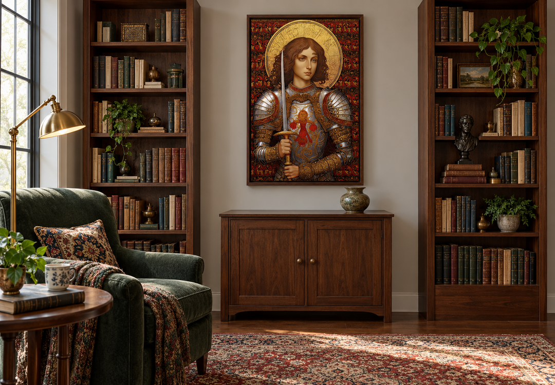 St. Joan of Arc framed canvas wall art in a walnut frame, displayed in a home library setting.