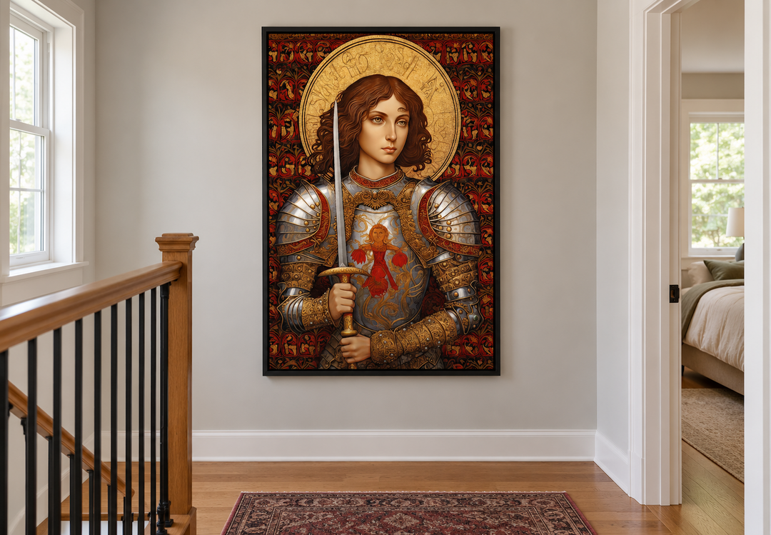 St. Joan of Arc framed canvas wall art featuring a warrior saint in armor with a golden halo.