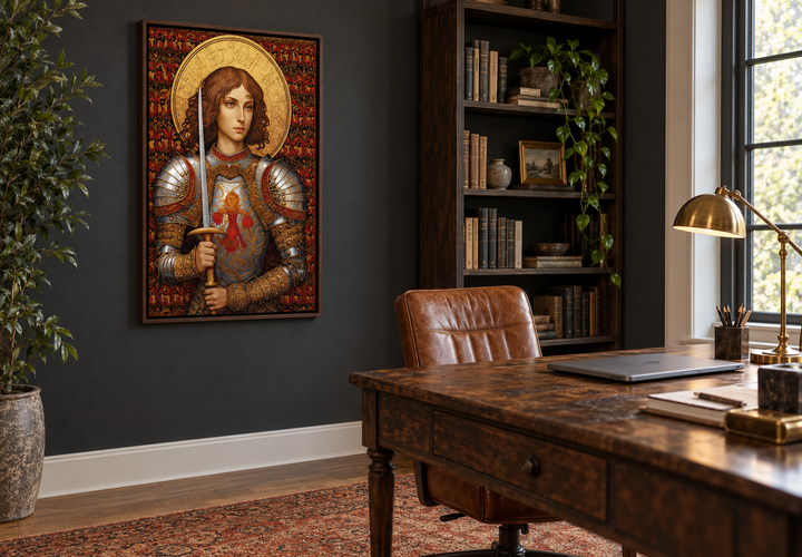 St. Joan of Arc framed canvas wall art in a classic study with a wooden desk and bookshelf.