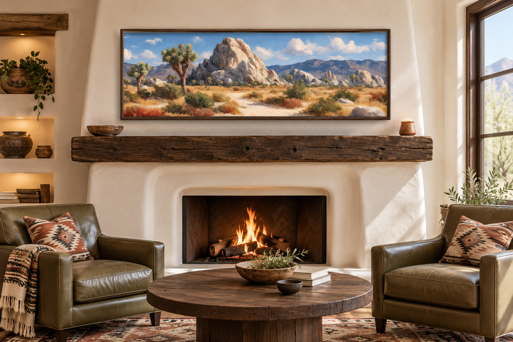 Joshua Tree Forest long horizontal canvas wall art above a rustic mantel in a southwestern room.
