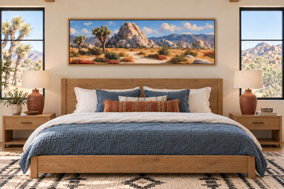 Joshua Tree Forest long horizontal canvas wall art above a bed in a desert-style bedroom.
