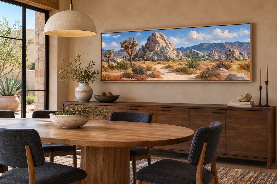 Joshua Tree Forest long horizontal canvas wall art in a desert-inspired dining room.