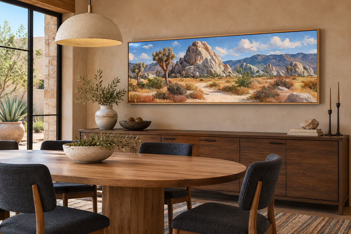Joshua Tree Forest long horizontal canvas wall art in a desert-inspired dining room.