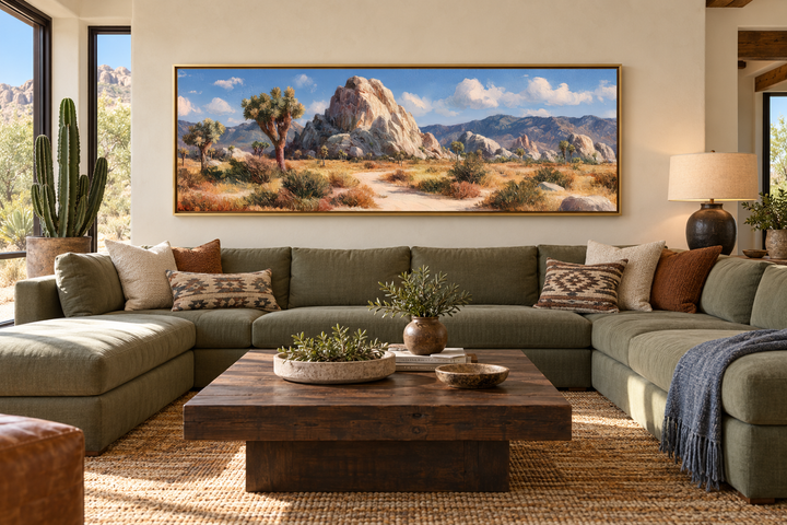 Joshua Tree Forest long horizontal canvas wall art in a gold frame above a green sectional sofa.