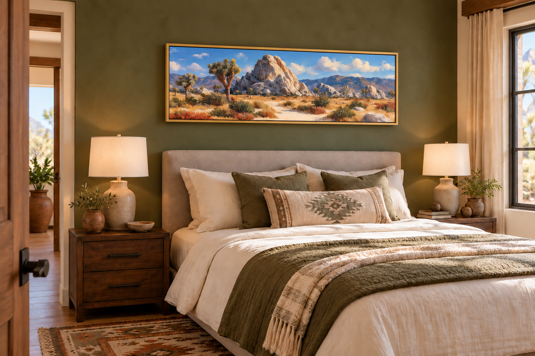 Joshua Tree Forest long horizontal canvas wall art in a gold frame above a bed in a green bedroom.