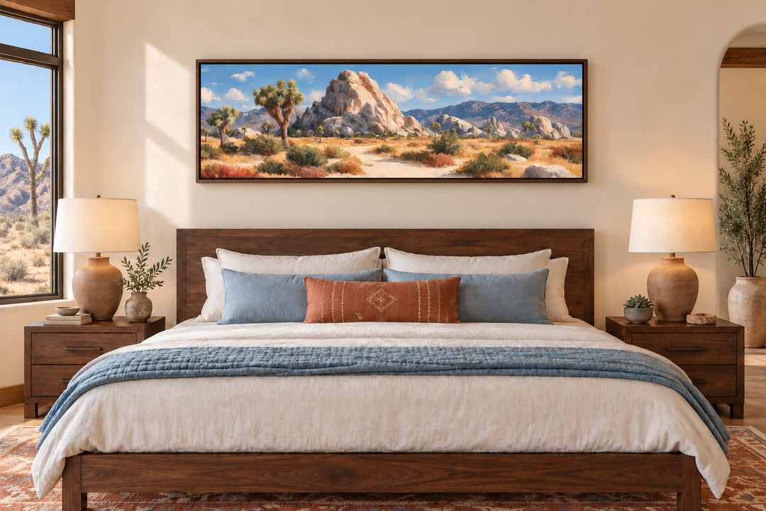 Joshua Tree Forest long horizontal canvas wall art in a walnut frame above a wooden bed.