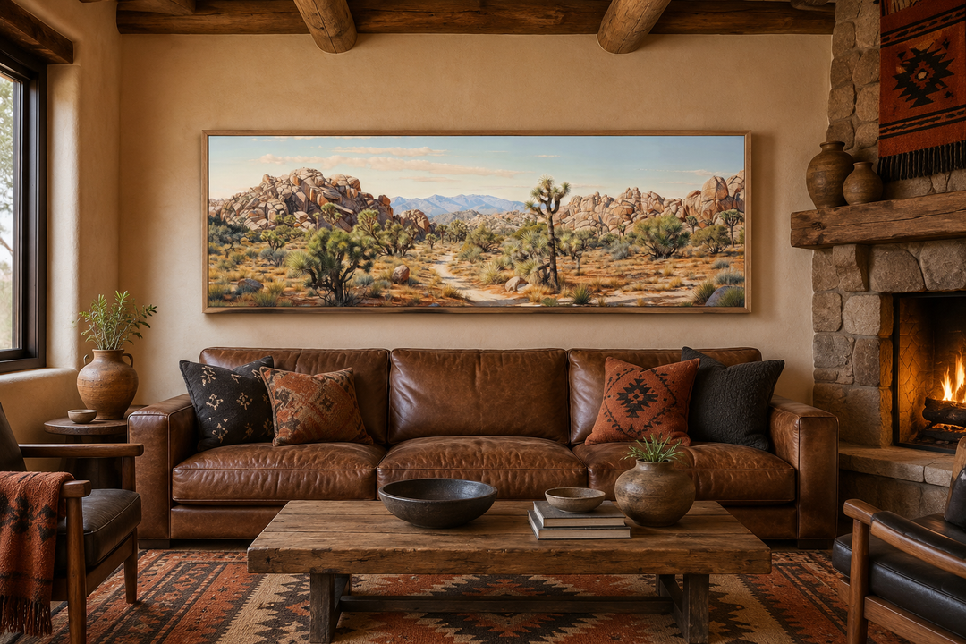 Joshua Tree National Park horizontal canvas wall art in a rustic living room above a leather sofa.