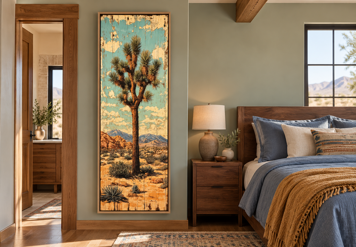 Tall narrow Joshua Tree vertical canvas wall art in a rustic oak frame in a Southwestern bedroom.