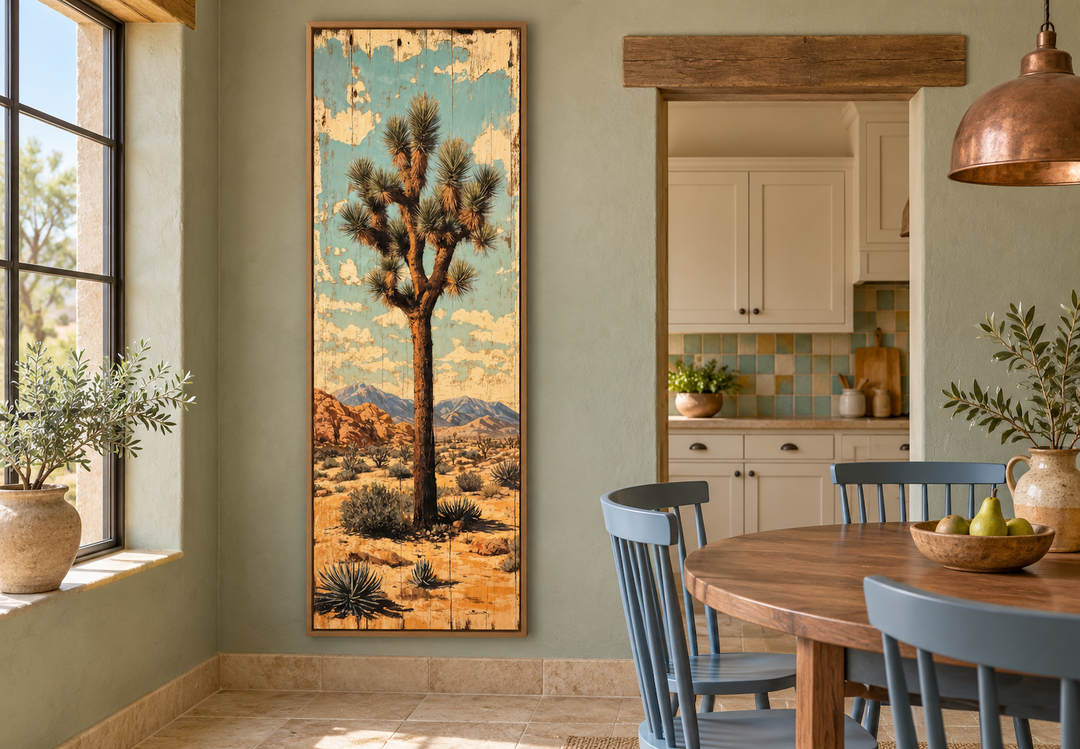 Tall narrow vertical canvas wall art featuring a Joshua Tree in a desert landscape with oak frame.