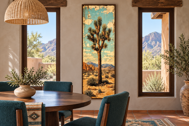 Tall narrow vertical canvas wall art of a Joshua tree in a desert landscape with a walnut frame.