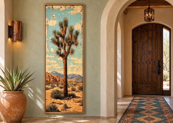Tall narrow Joshua Tree vertical canvas wall art in a rustic Southwestern entryway.