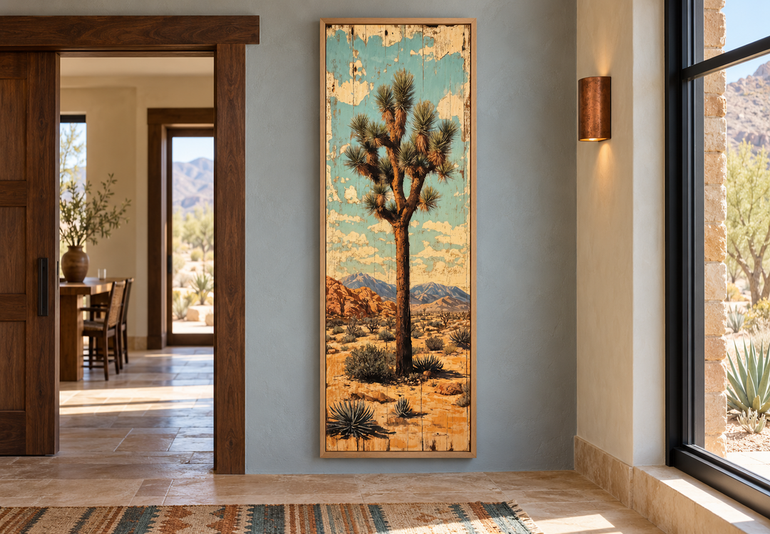 Tall narrow Joshua Tree vertical canvas wall art in a wooden frame on a blue hallway wall.
