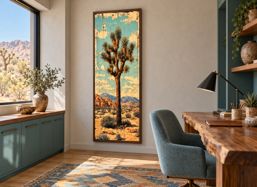 Tall narrow Joshua Tree vertical canvas wall art in a rustic Southwestern home office setting.