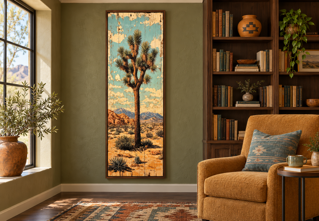 Tall narrow vertical canvas wall art of a Joshua Tree in a desert landscape with a walnut frame.