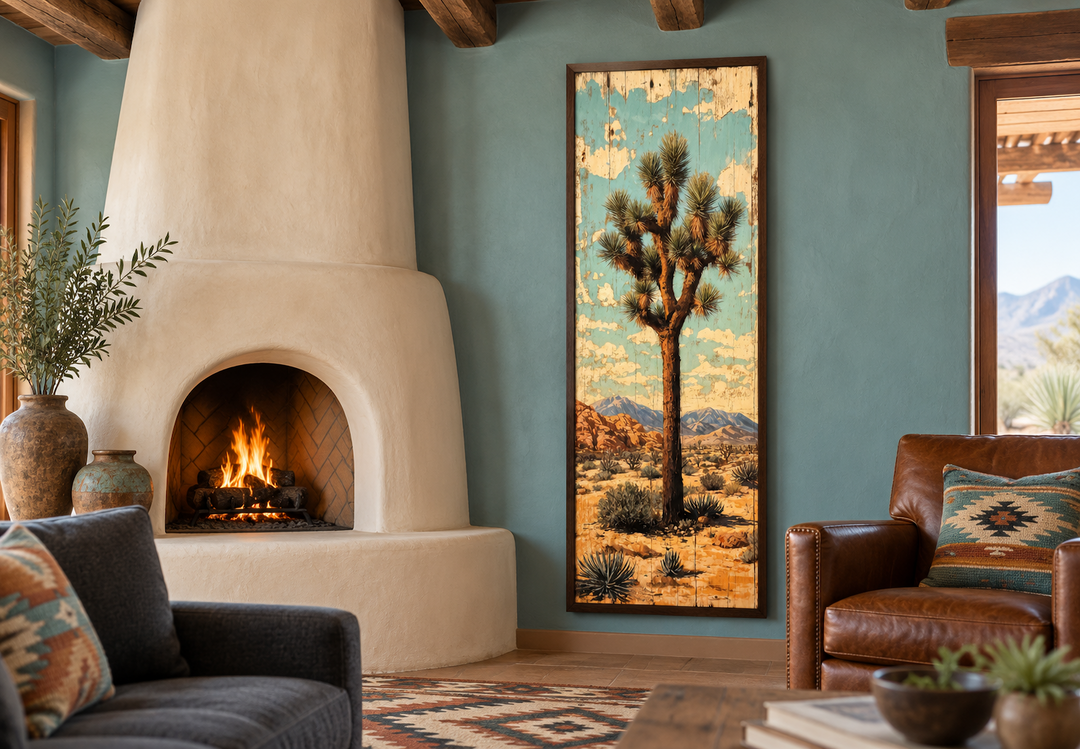 Tall narrow vertical canvas wall art of a Joshua Tree in a desert landscape with a walnut frame.