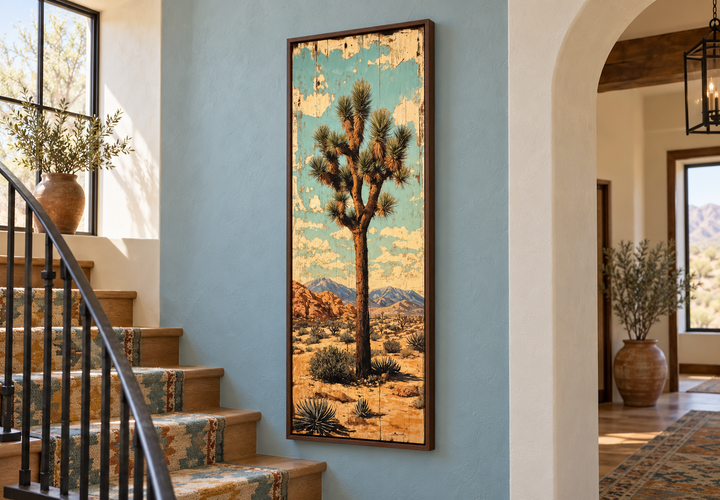 Tall narrow Joshua Tree vertical canvas wall art in a walnut frame on a blue wall by a staircase.
